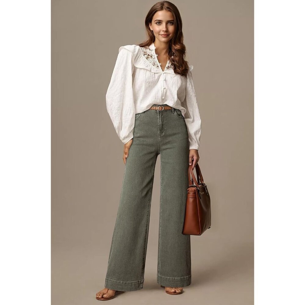 Women's Guacamole Casual High Waisted Stretch Button Wide Leg Loose Denim Jeans - Picture 3 of 6